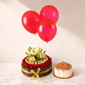 A large box of red roses, Ferrero chocolates, and lilies with a Lotus cake