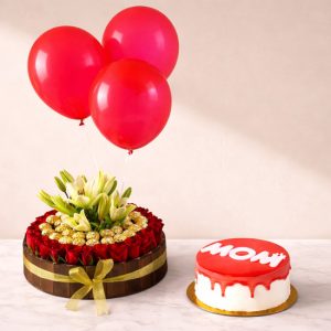 Large box of Roses, Fererro, and Lilies mom  cake (6 servings) 3 Helium balloons